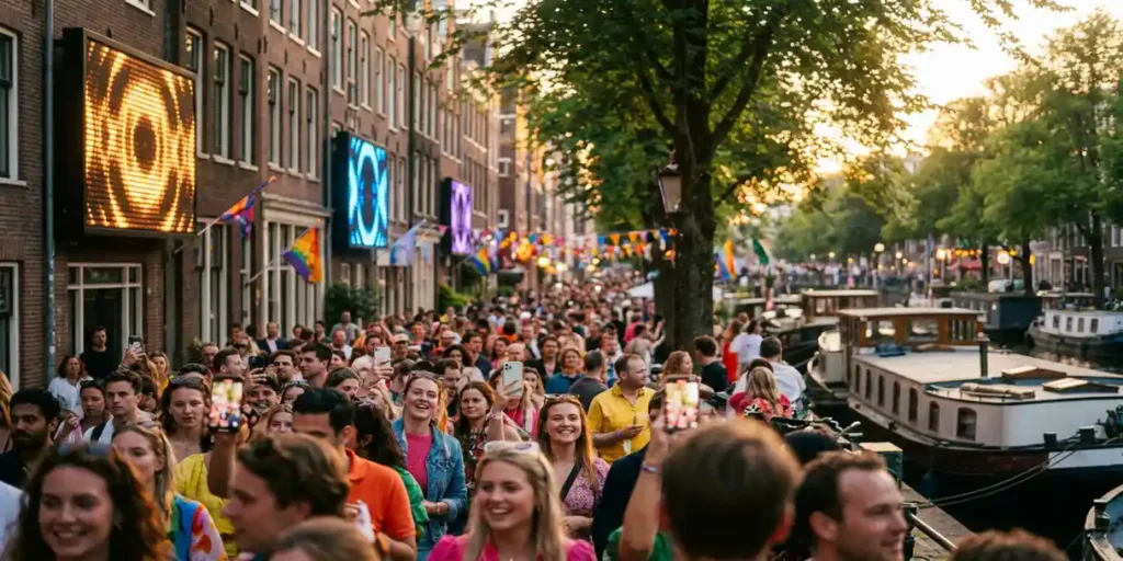 Festivalgangers stromen door Amsterdamse grachtenbuurt bij gouden uurstemming, met gloeiende DOOH-schermen op achterliggende gevels.