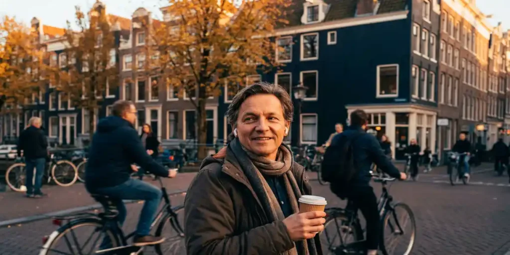 Amsterdamse forens met draadloze oordopjes en koffie op een drukke straathoek, gouden herfstlicht, grachtenhuizen op de achtergrond.