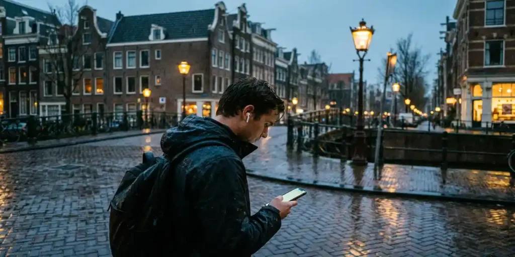 Amsterdamse forens op natte klinkerstraat met smartphone en draadloze oordopjes, grachtenreflecties en bakstenen gevels op de achtergrond.