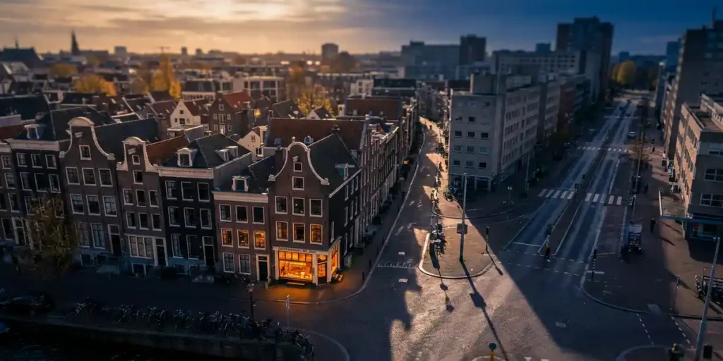Luchtfoto van Amsterdamse grachtenpanden met verlicht winkeletalage naast een breed Rotterdams straatgrid in goudgeel middaglicht.