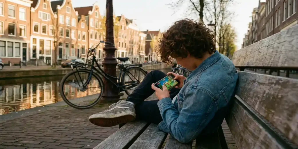 Nederlandste tiener op een kanaalkade in Amsterdam, verdiept in smartphone met kleurrijke game, bakstenen grachtenpanden en fiets weerspiegeld in het water.