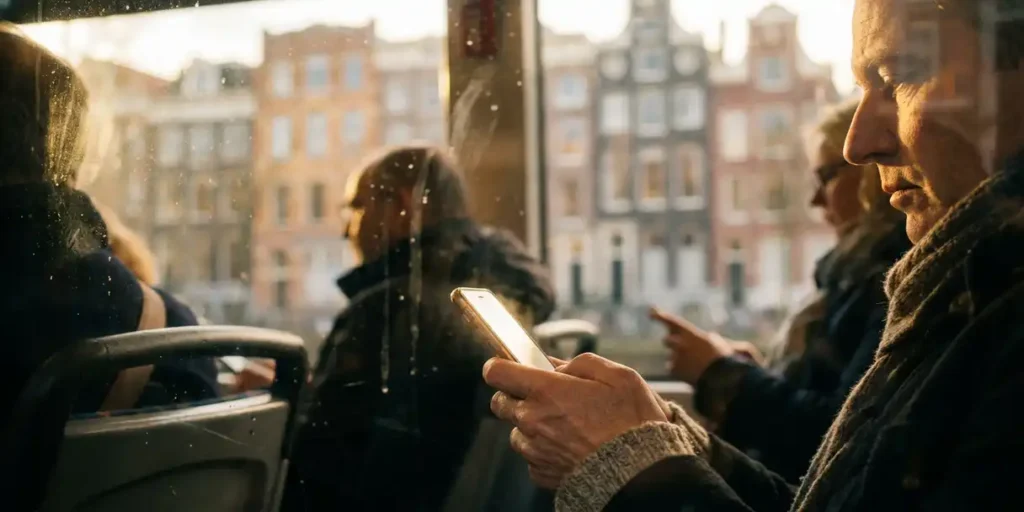 Forenzende passagier in Amsterdamse tram bekijkt smartphone tijdens ochtendspits, met kanaalpanden zachtjes vervaagd op de achtergrond.
