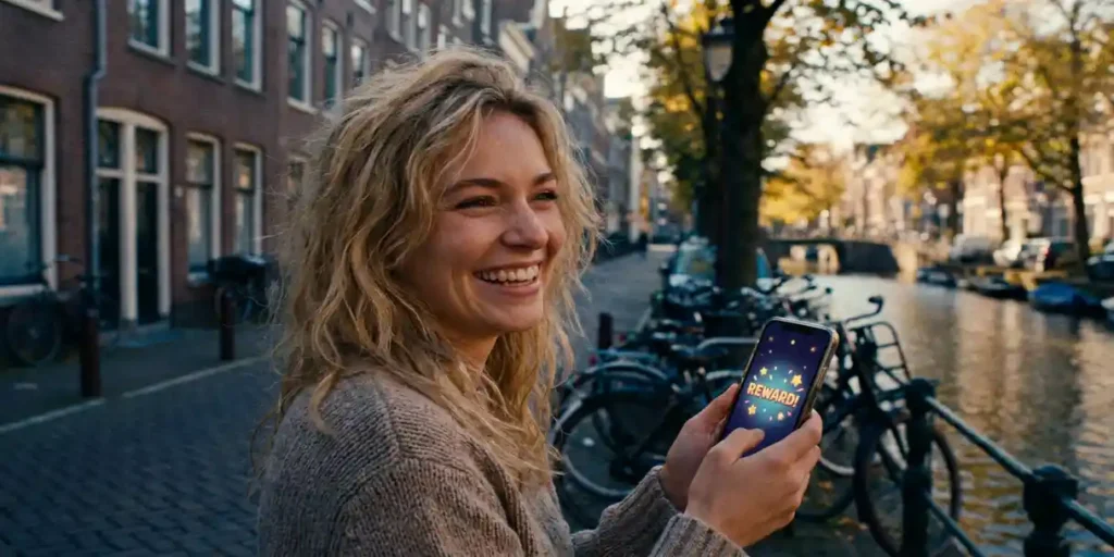 Jonge Nederlandse vrouw glimlacht naar smartphone op drukke Amsterdamse grachtenstraat, fietsen en grachtenpanden op achtergrond.
