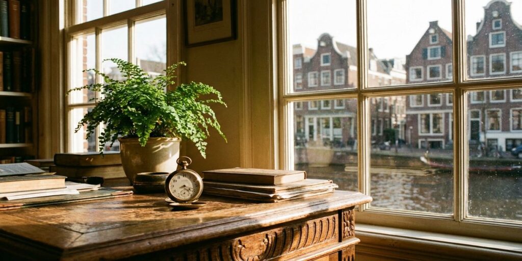 Antieke messing zakhorloge en plant op verweerde houten bureau in Amsterdamse studeerkamer met kanaluitzicht