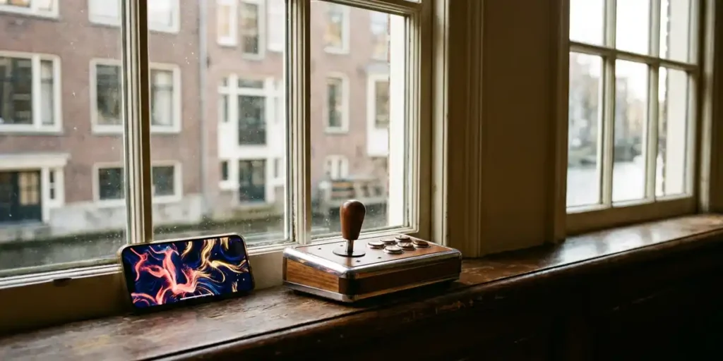 Arcade-controller op een Amsterdams grachtenpandvensterbank naast een gloeiende smartphone, zacht daglicht en warme baksteentinten.