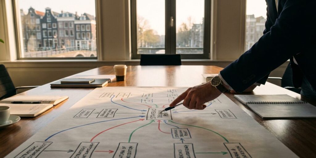 Zakelijke strateeg wijst naar stroomschema op conferentietafel in Amsterdam kantoor met kanaluitzicht