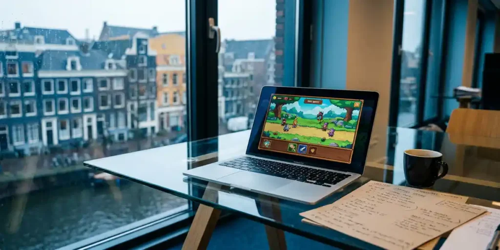 Laptop met kleurrijk branded mini-game op glazen bureau in Amsterdams kantoor, Hollands daglicht en grachtenhuizen op achtergrond.