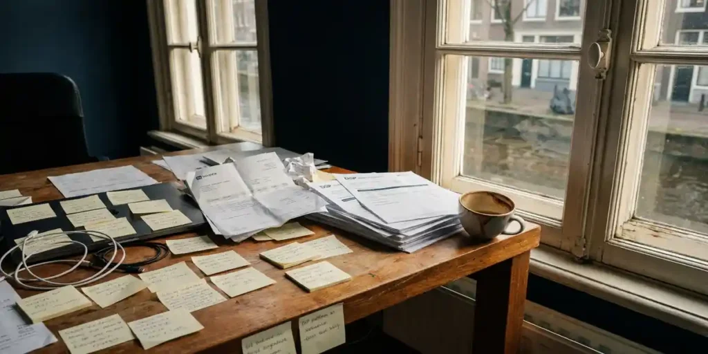 Bureau van een klein Nederlands creatief bureau bezaaid met verfrommelde facturen en plakbriefjes, koffiekopje kantelt gevaarlijk aan de rand.