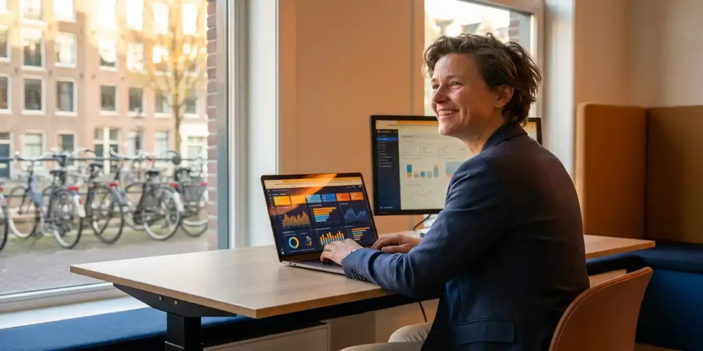 Marketingprofessional bekijkt campagnedashboards op laptop in licht Amsterdams grachtenpandkantoor met fietsen en bakstenen gevels op de achtergrond.