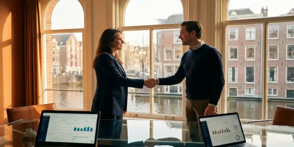 Twee professionals schudden handen bij een glazen bureau in een modern Amsterdams kantoor met kanaalpanorama en campagne-dashboards op laptops.