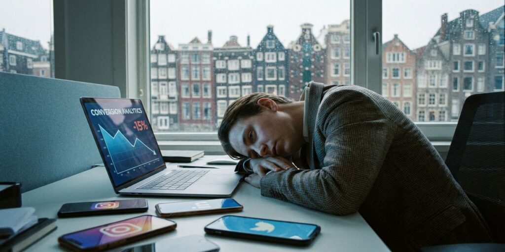 Gefrustreerde zakenvrouw bekijkt dalende conversie-analytics op laptop in modern Amsterdams kantoor met grachtenhuizen