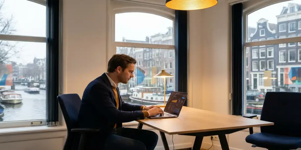 Marketingprofessional bekijkt campagnedashboards op laptop aan bureau in Amsterdams grachtenpand met uitzicht op bewolkte skyline.
