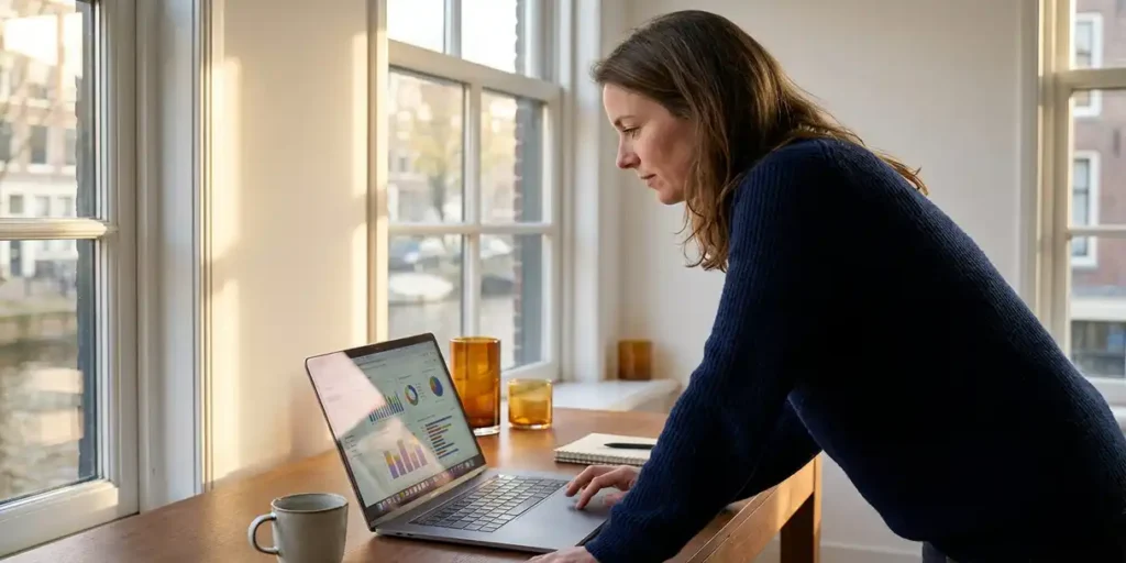 Mediaprofessional analyseert campagnedata op laptop aan bureau in Amsterdams grachtenpand, warme middagzon door smalle ramen.