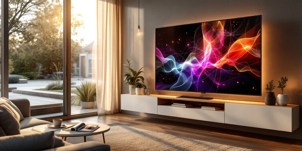 Smart TV toont programmatic advertenties in moderne Nederlandse woonkamer met bakstenen muur en daglicht door ramen