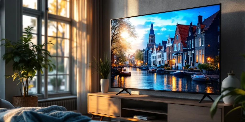 Moderne smart TV toont Connected TV advertenties in Nederlandse woonkamer met grachtenhuizen op achtergrond
