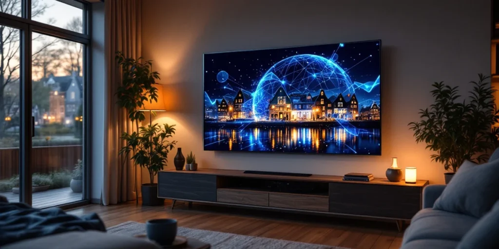Smart TV-scherm in moderne Nederlandse woonkamer toont kleurrijke zwevende advertentie-elementen met grachtenhuizen op achtergrond