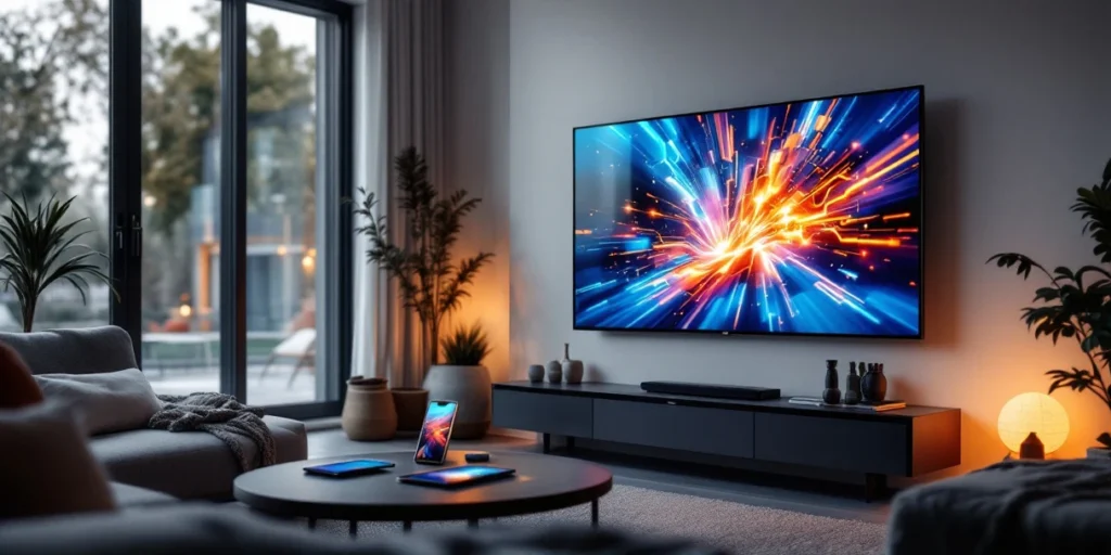 Moderne Nederlandse woonkamer met smart TV die digitale advertenties toont, tablets op salontafel, minimalistisch design