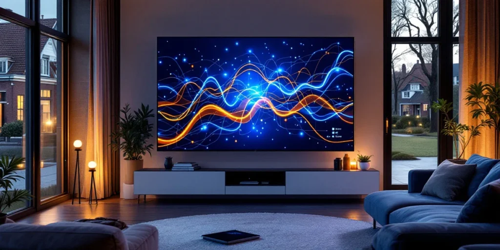 Moderne Nederlandse woonkamer met flatscreen TV die data-visualisaties toont en tablet met analytics op salontafel