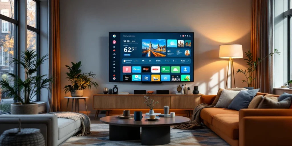 Smart TV met Connected TV dashboard in moderne Nederlandse woonkamer, bovenaanzicht met gezellige zithoek en warme verlichting