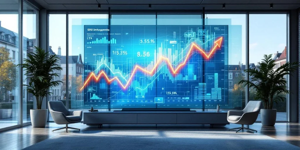 Modern Nederlands kantoor met transparant scherm dat real-time Connected TV data visualisaties en holografische grafieken toont