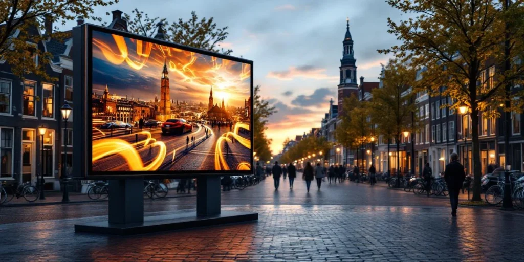 Smart TV-scherm verbonden met digitale billboards in Nederlandse stadsgezicht met grachtenhuizen en moderne architectuur