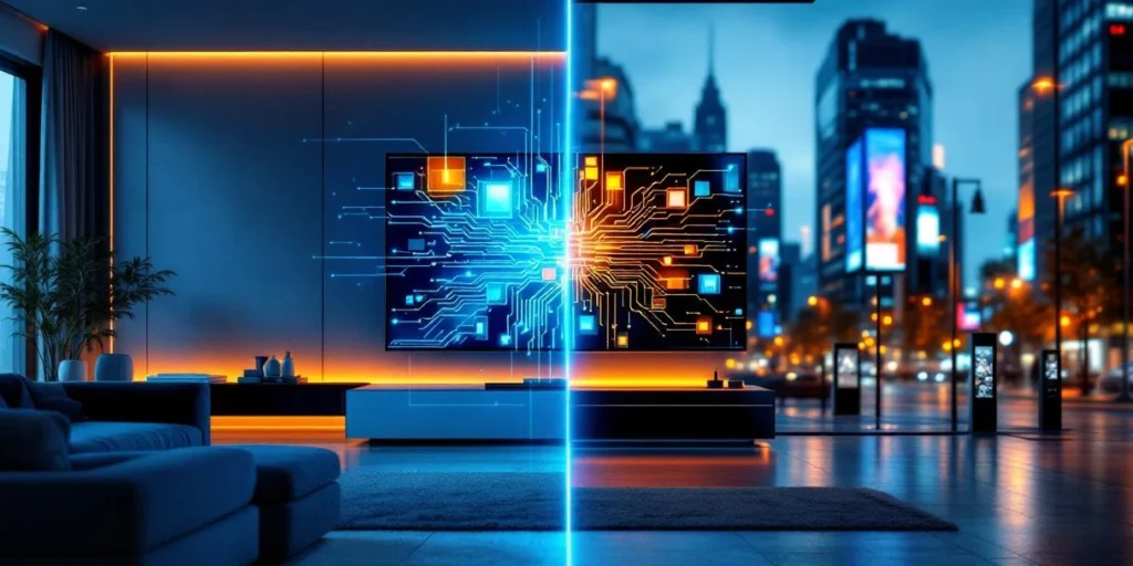 Split-screen vergelijking van Connected TV reclame in moderne woonkamer en digitale buitenreclame op stadsstraat
