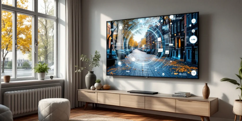 Moderne Nederlandse woonkamer met Connected TV aan bakstenen muur, digitale frequentie-indicatoren en grachtuitzicht