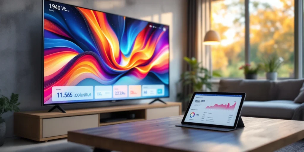 Smart TV toont programmatic advertising interface in moderne Nederlandse woonkamer met tablet analytics op salontafel
