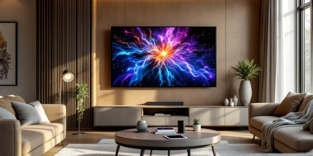 Smart TV met Connected TV-interface in moderne Nederlandse woonkamer met bakstenen muur en designmeubels