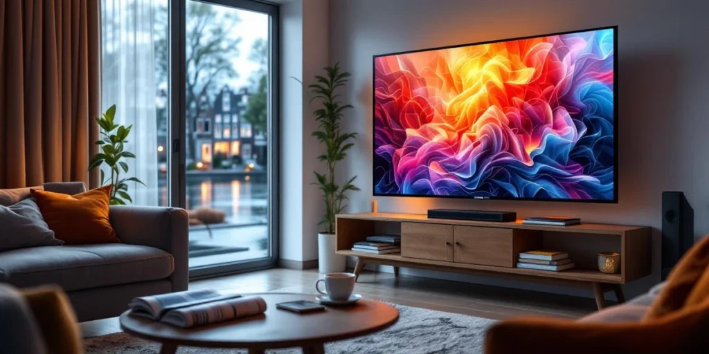 Moderne Nederlandse woonkamer met smart TV die kleurrijke advertentie toont, salontafel met tijdschriften en koffie