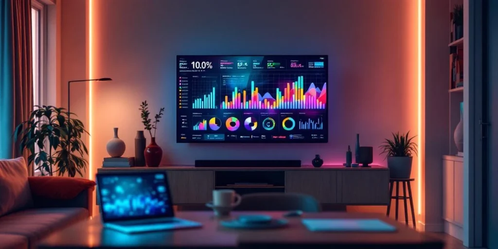 Moderne Nederlandse woonkamer met flatscreen TV die data-visualisaties toont, omringd door tablets met programmatic advertising dashboards