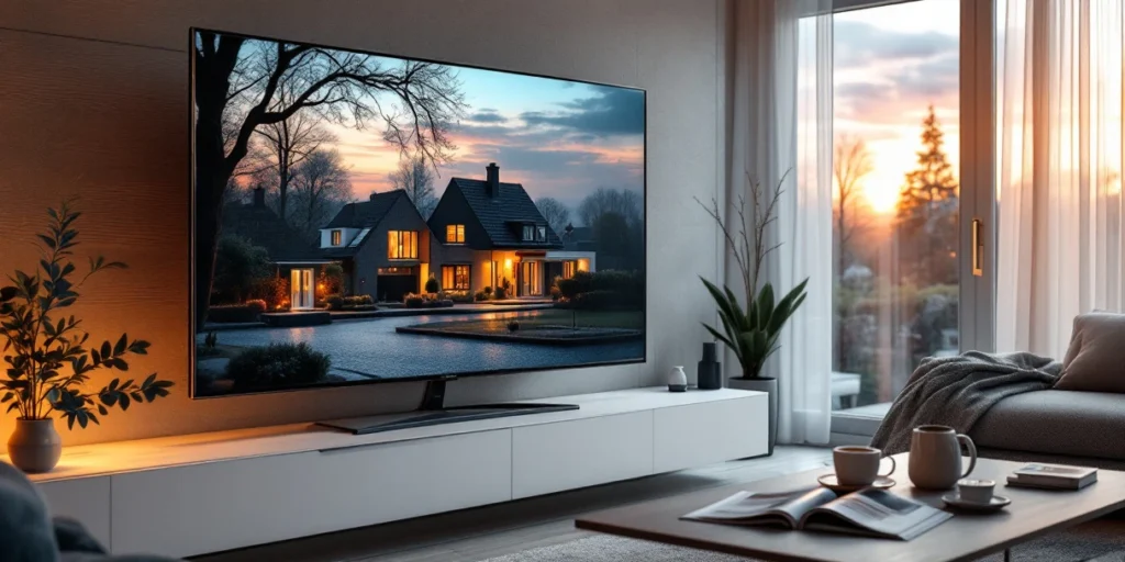 Moderne Nederlandse woonkamer met smart TV die merkadvertentie toont, wit mediameubel tegen bakstenen muur