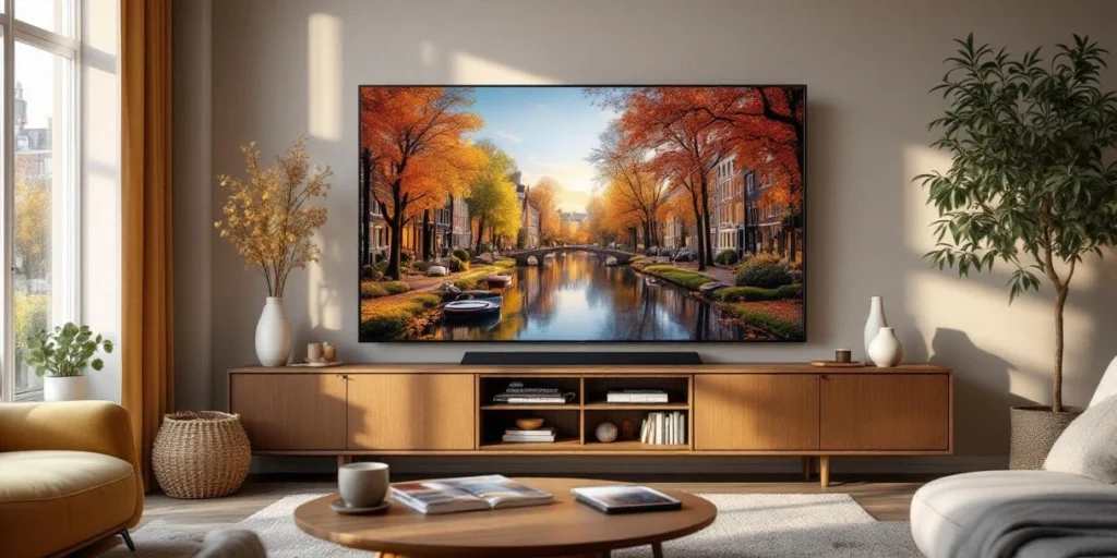 Smart TV toont kleurrijke reclame in moderne Nederlandse woonkamer met grachtenuitzicht en design meubels