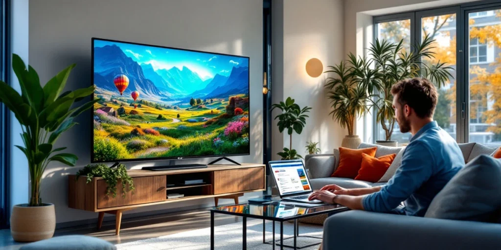 Moderne Nederlandse woonkamer met smart TV-advertentie en laptop met zoekresultaten op salontafel, verbonden door digitale data-elementen