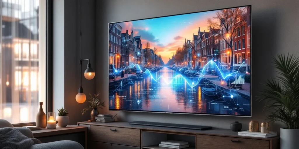 Smart TV toont gloeiende datavisualisaties in moderne Nederlandse woonkamer met Amsterdamse grachtenarchitectuur op achtergrond