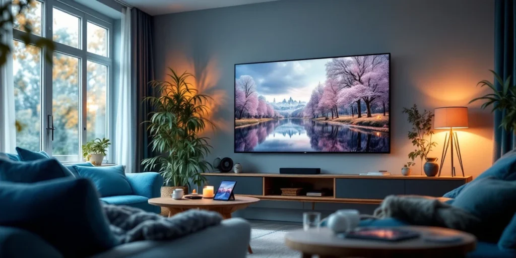 Moderne Nederlandse woonkamer met smart TV en streaming-apparaten op salontafel, Delftsblauw accenten zichtbaar