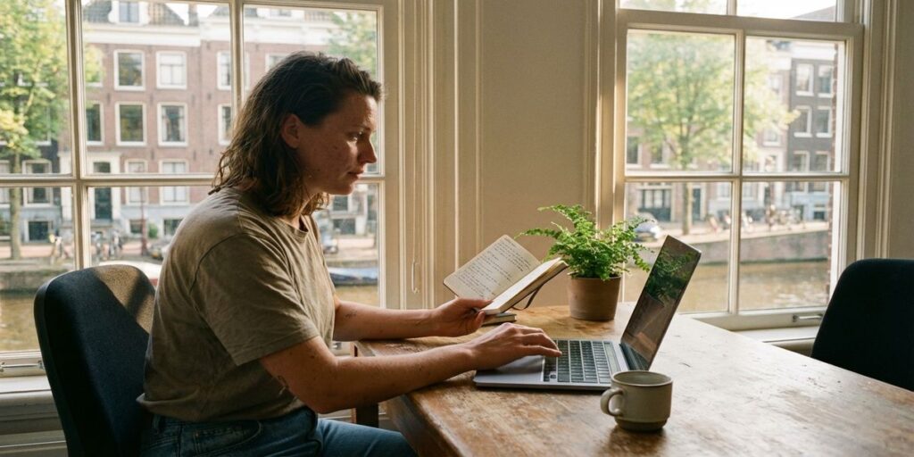 Professionele contentcreator werkt met laptop en notitieboek aan houten bureau in licht kantoor aan Amsterdamse gracht