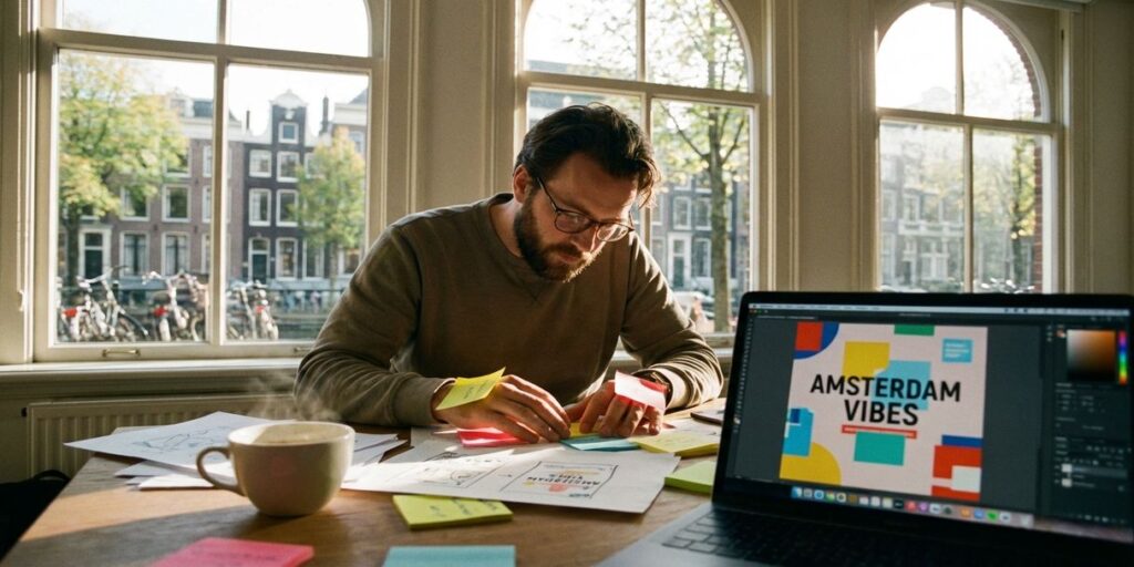 Creatieve professional aan bureau met kleurrijke notities en schetsen, laptop met campagne mockup, Amsterdam kanaalhuizen op achtergrond