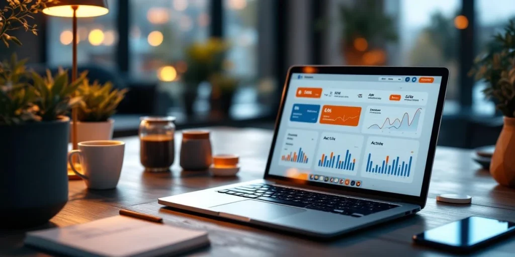Bovenaanzicht Nederlandse kantoor met laptop die dashboard met stijgende conversie-grafieken toont, omringd door koffie en notities