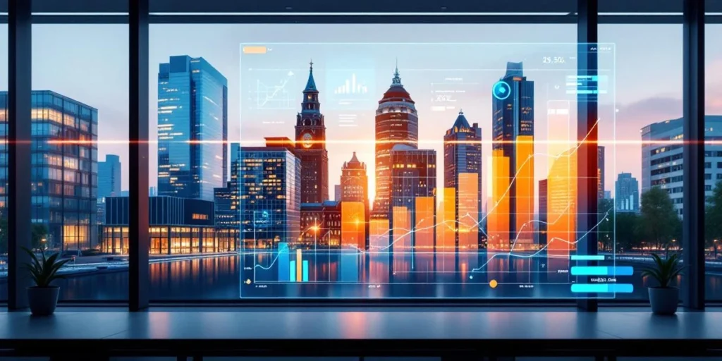 Holografisch data-dashboard met kleurrijke grafieken zweeft voor moderne Nederlandse kantoorgebouwen met analytics-visualisaties