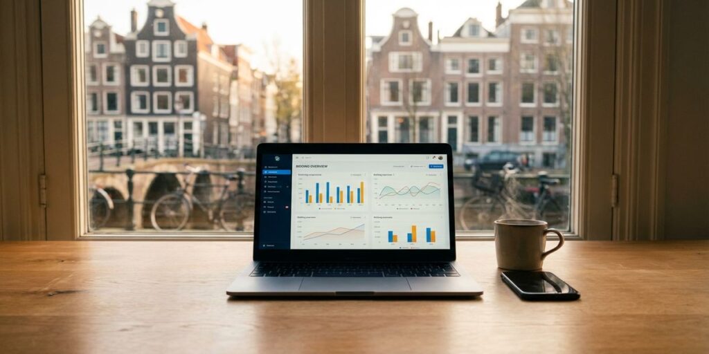Laptop met kleurrijke data-analyse grafieken op houten bureau in Amsterdam kantoor met grachtenpanden op achtergrond