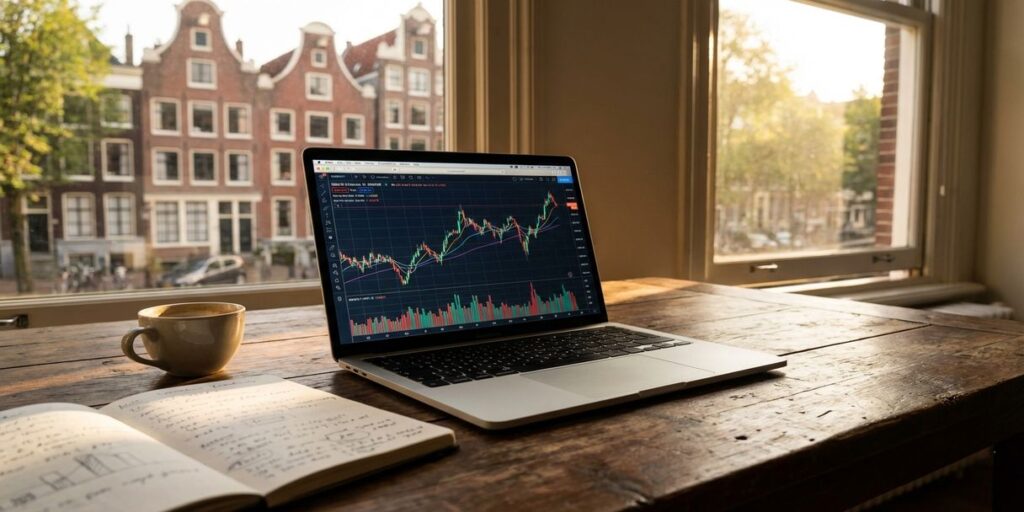 Laptop met kleurrijke data-analyse grafieken op houten bureau, Amsterdam grachtenhuizen door raam, koffie en notitieblok