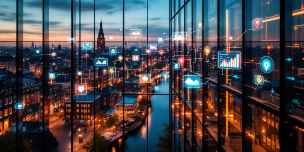 Luchtfoto van modern kantoorgebouw in Amsterdam met smartphones die datavisualisaties tonen, digitale datastromen zichtbaar