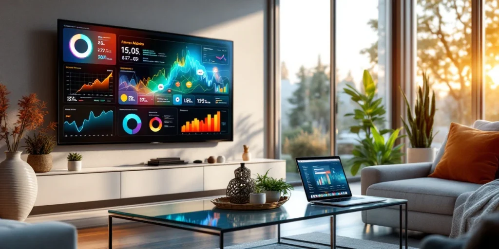 Moderne Nederlandse woonkamer met smart TV die data-visualisaties toont, tablets met dashboards op salontafel