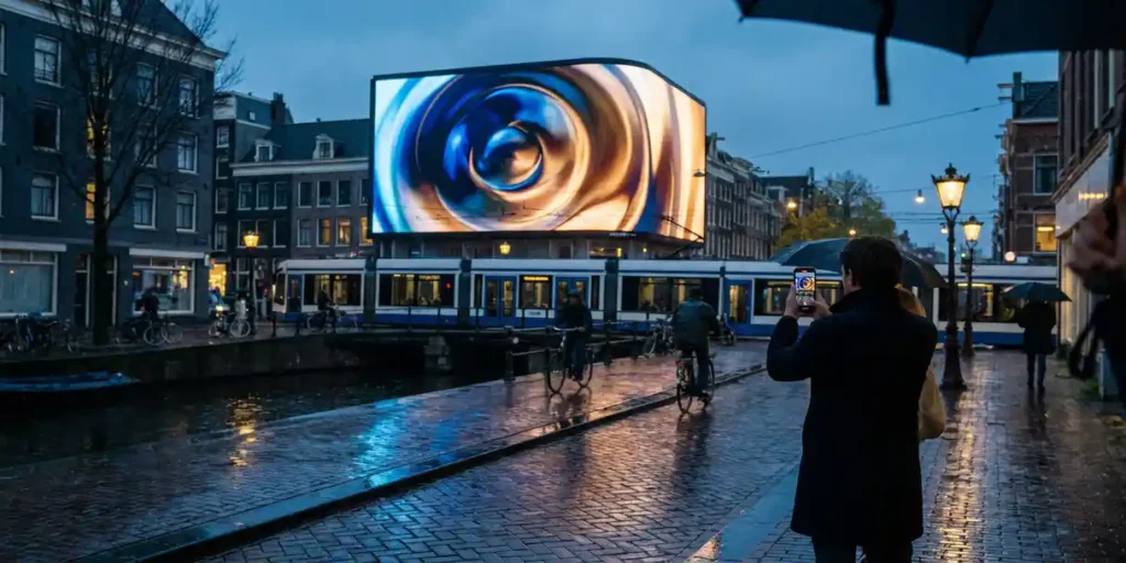 Groot DOOH-billboard met levendig reclamebeeld op regennat Amsterdams straatwerk, trams en fietsen passeren, grachtenreflecties in avondlicht.