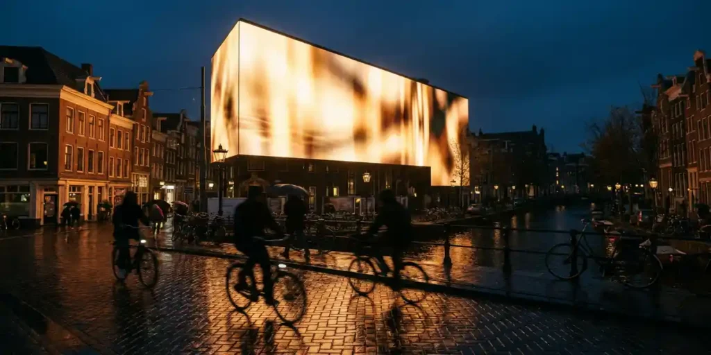 Verlicht digitaal reclamebord boven een regenachtige Amsterdamse gracht bij schemering, met amberen reflecties op natte kinderkopjes en bewegende fietsers.