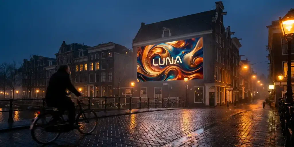 Verlicht digitaal reclamebord boven natte Amsterdamse kanaalkade bij schemering, met warme amberreflecties op natte kinderkopjes en een voorbijrijdende fietser.