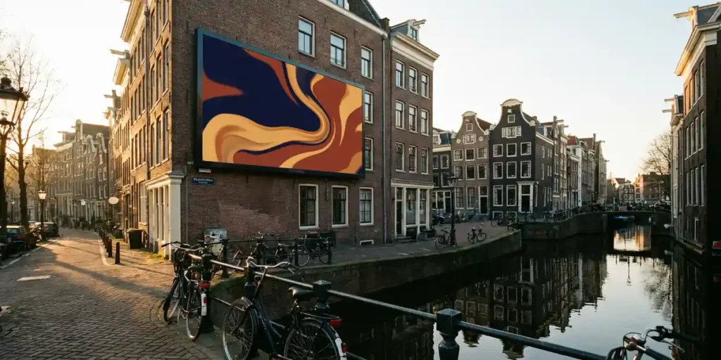 Groot digitaal reclamebord boven een Amsterdamse gracht met historische gevels weerspiegeld in het water, gouden middaglicht op kinderkopjes.