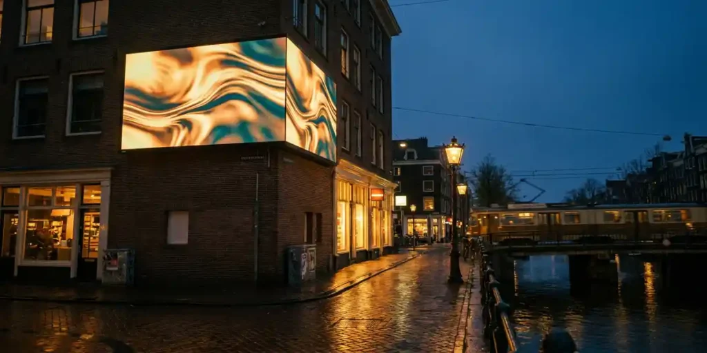 Digitaal reclamebord boven een regennat Amsterdams straatje bij schemering, met warme amberreflecties op de kinderkopjes en een wazige tram op de achtergrond.