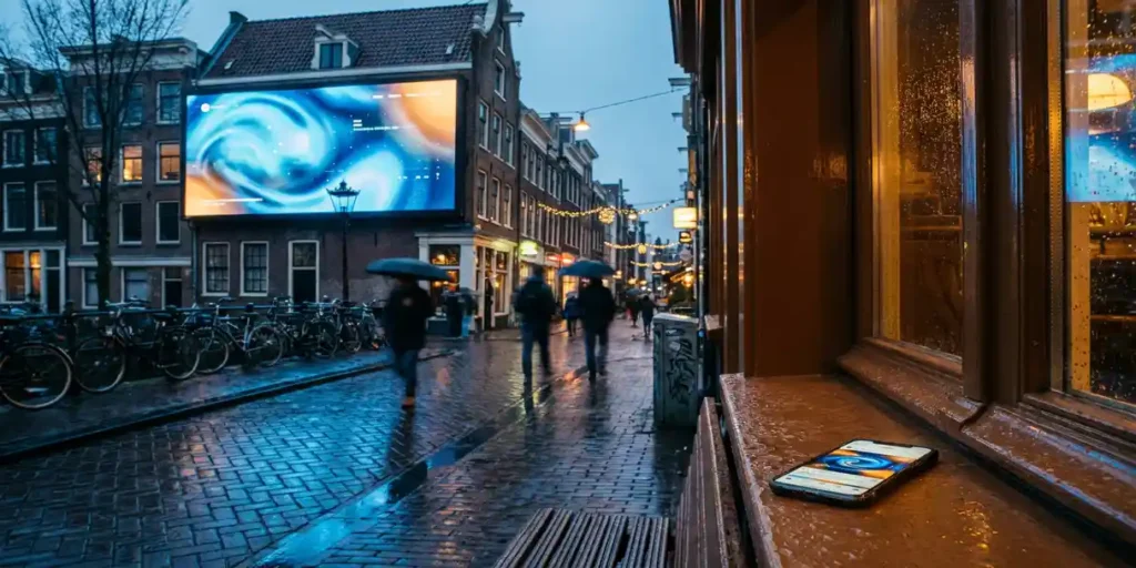 Programmatisch digitaal billboard boven regennat Amsterdams kanaalstraatje bij schemering, blauwe en amberkleurige reflecties op keien.